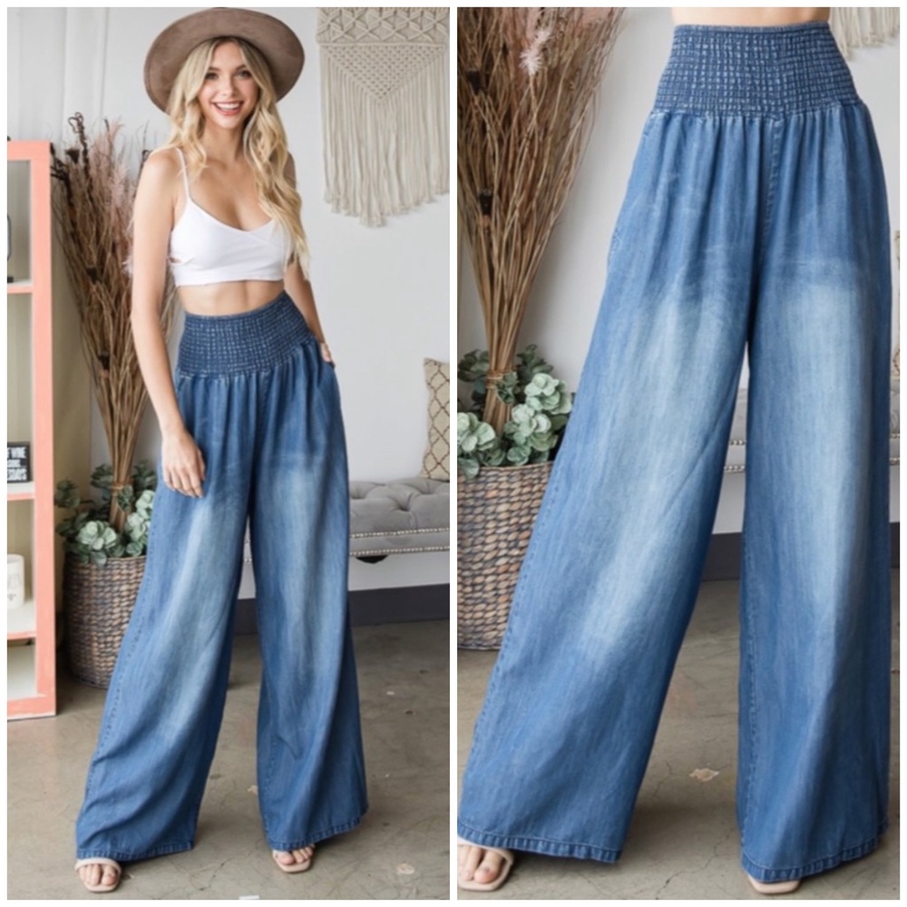 SOLD OUT Denim Blue Washed Wide Palazzo Leg Tencel Casual Smocked High Waist - Picture 1 of 5